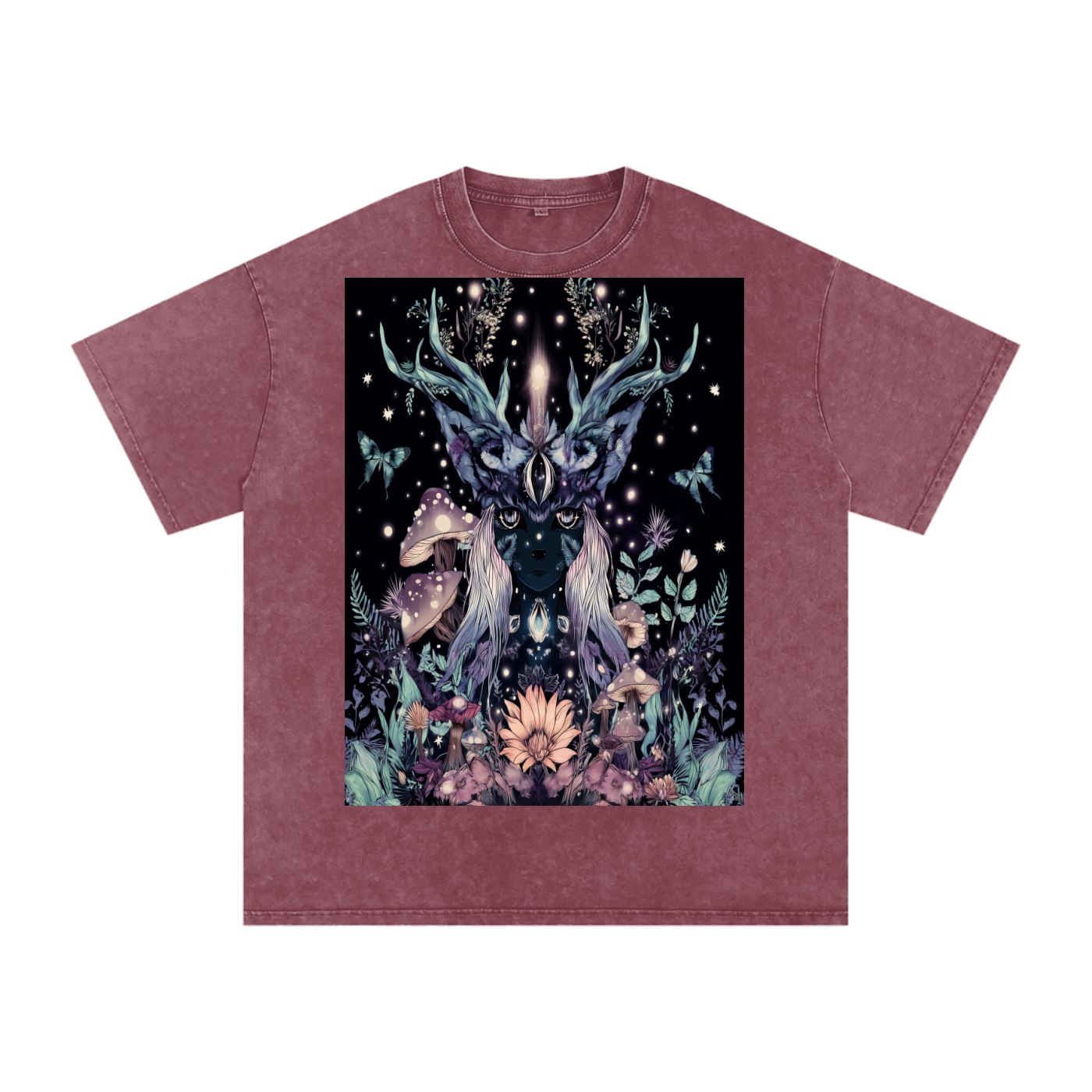 Winter Solstice Dark Mushroom Night Fawn Dark Fairy  Festival Snow Washed Oversized Cotton T-Shirt