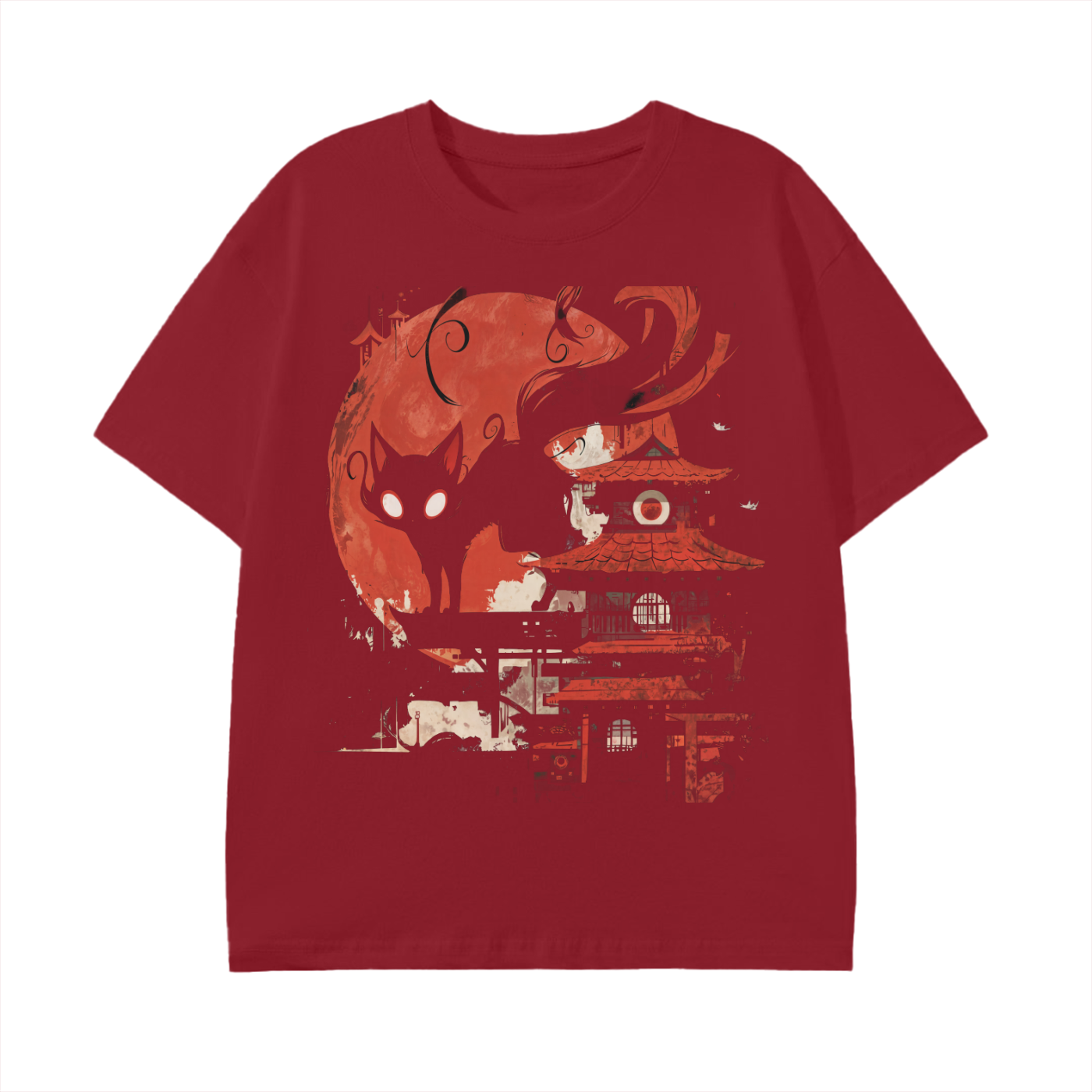 Shadow Cat Blood Moon Japan Anime Edo Shinto Yokai Shrine Washout Graphic Unisex Classic T-Shirt