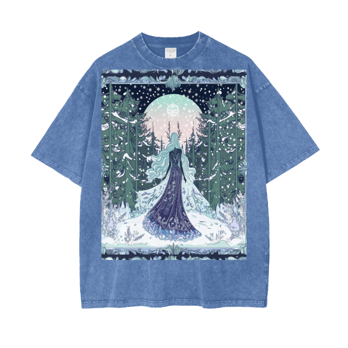 Winter Goddess Maiden Enters Full Moon Woodland Tree Sky Border Acid Wash Oversize T-Shirt - 250 GSM