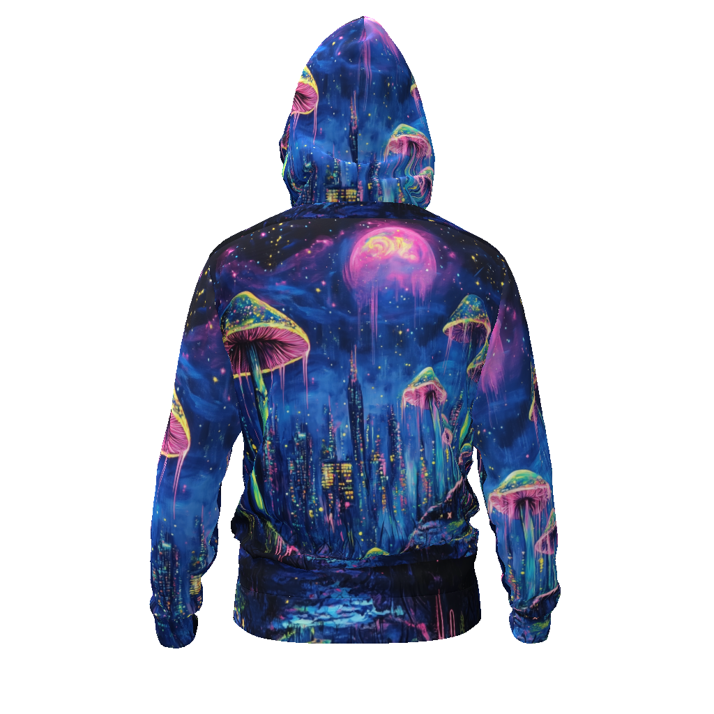 City Night Mushroom Tree Top City Village Space Escape Psychedelic Neon Psy All-Over Print Men's Zip Hoodie