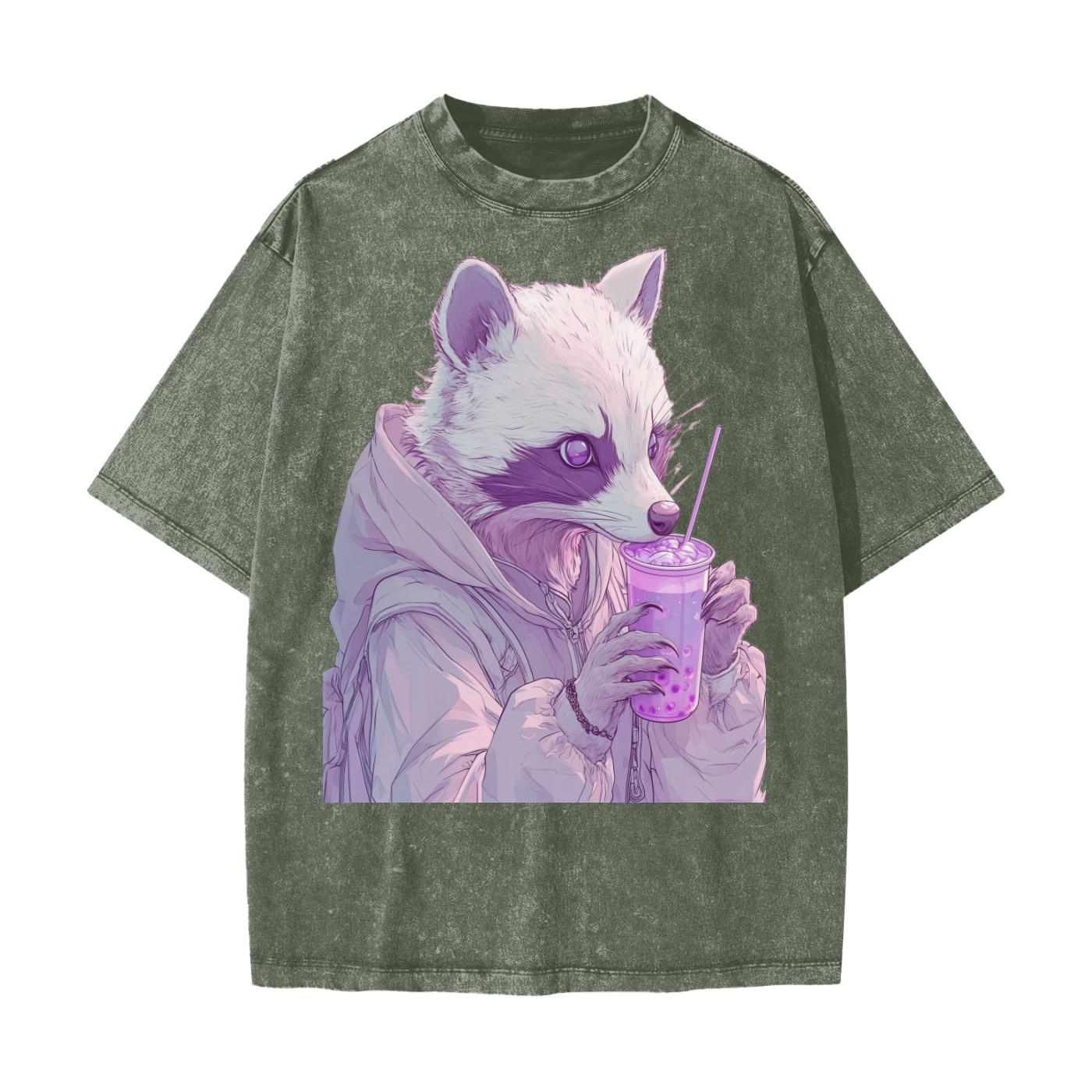 Pastel Pink Lavender Racoon Rainy Day Grunge Punk Anime Boba Tea Boyfriend fit  Acid Wash Oversize T-Shirt - CottonHeavyweight Snow Washed T-Shirt