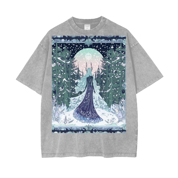 Winter Goddess Maiden Enters Full Moon Woodland Tree Sky Border Acid Wash Oversize T-Shirt - 250 GSM