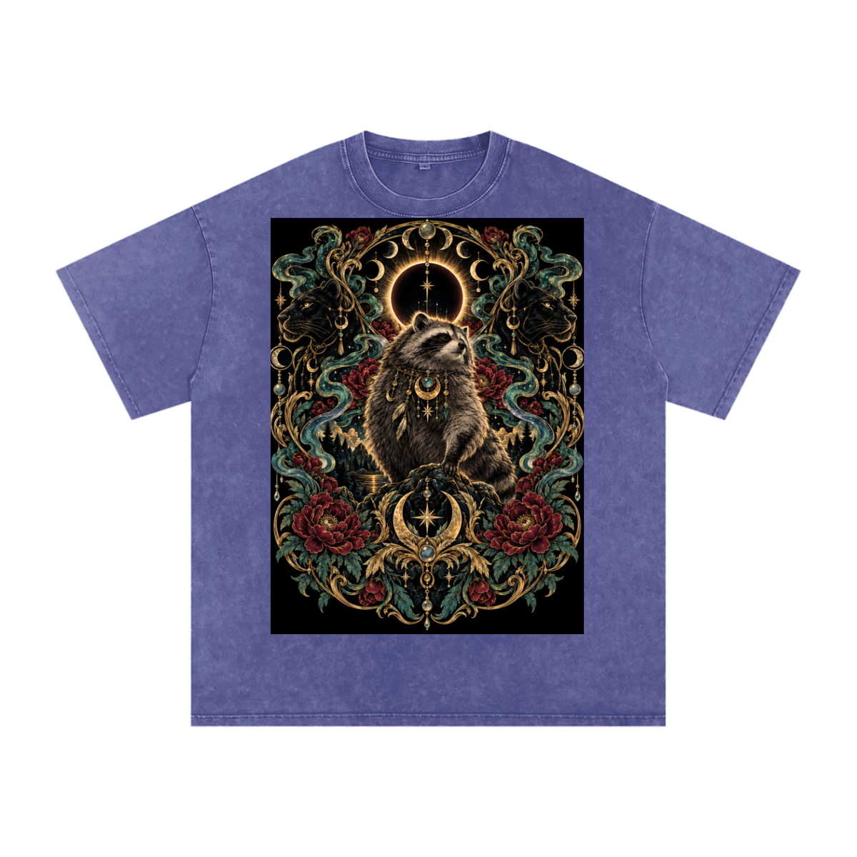 Racoon Crescent Panther Moonlight Grunge Washed Oversized Cotton T-Shirt