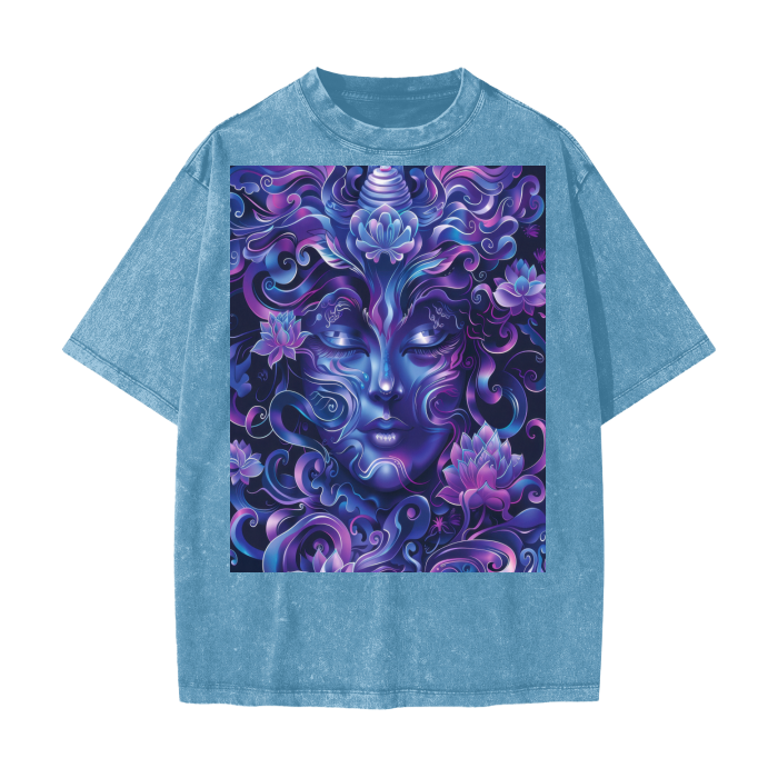 Purple Ultramarine Blue Shaman Woodland Enchanted Forest Deity Festival Psy Streetwear American Vintage Waxed Dyed Washed  Heavyweight 100% Cotton T-Shirt