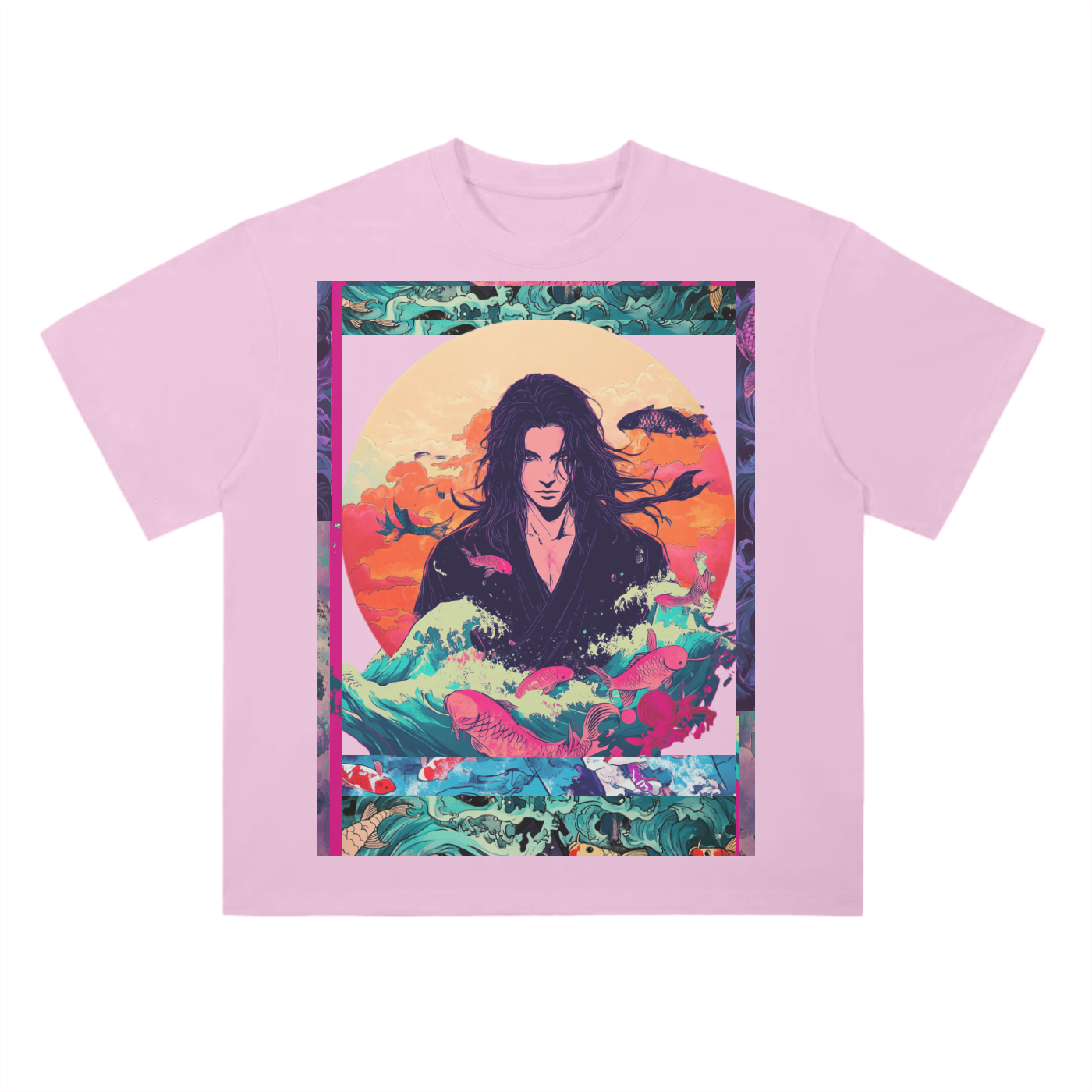 Retro Beach Koi Edo Shaman Kibuki Man Beach Wave Sun Melt Skyline Vision Graphic Drop Shoulder T-Shirt