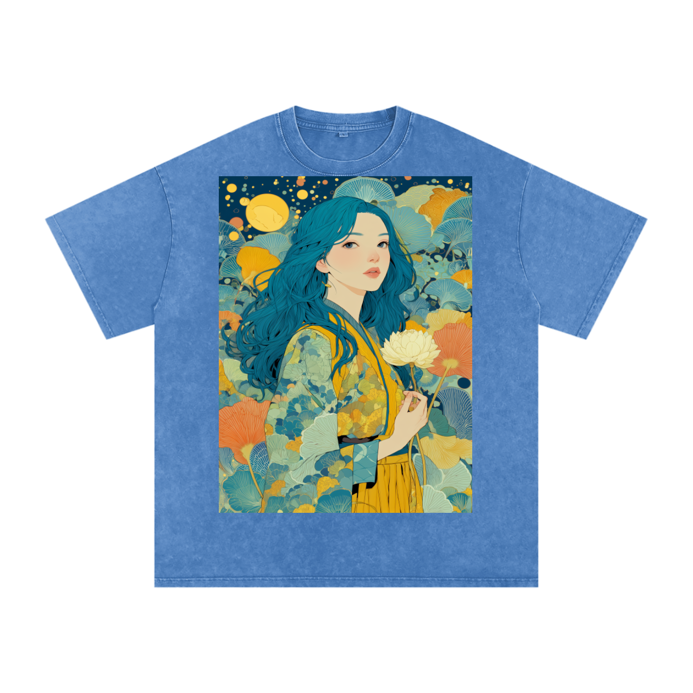 Teal Full Moon Lotus Goddess Psychedelic Art Nouveau Snow Washed Oversized Cotton T-Shirt