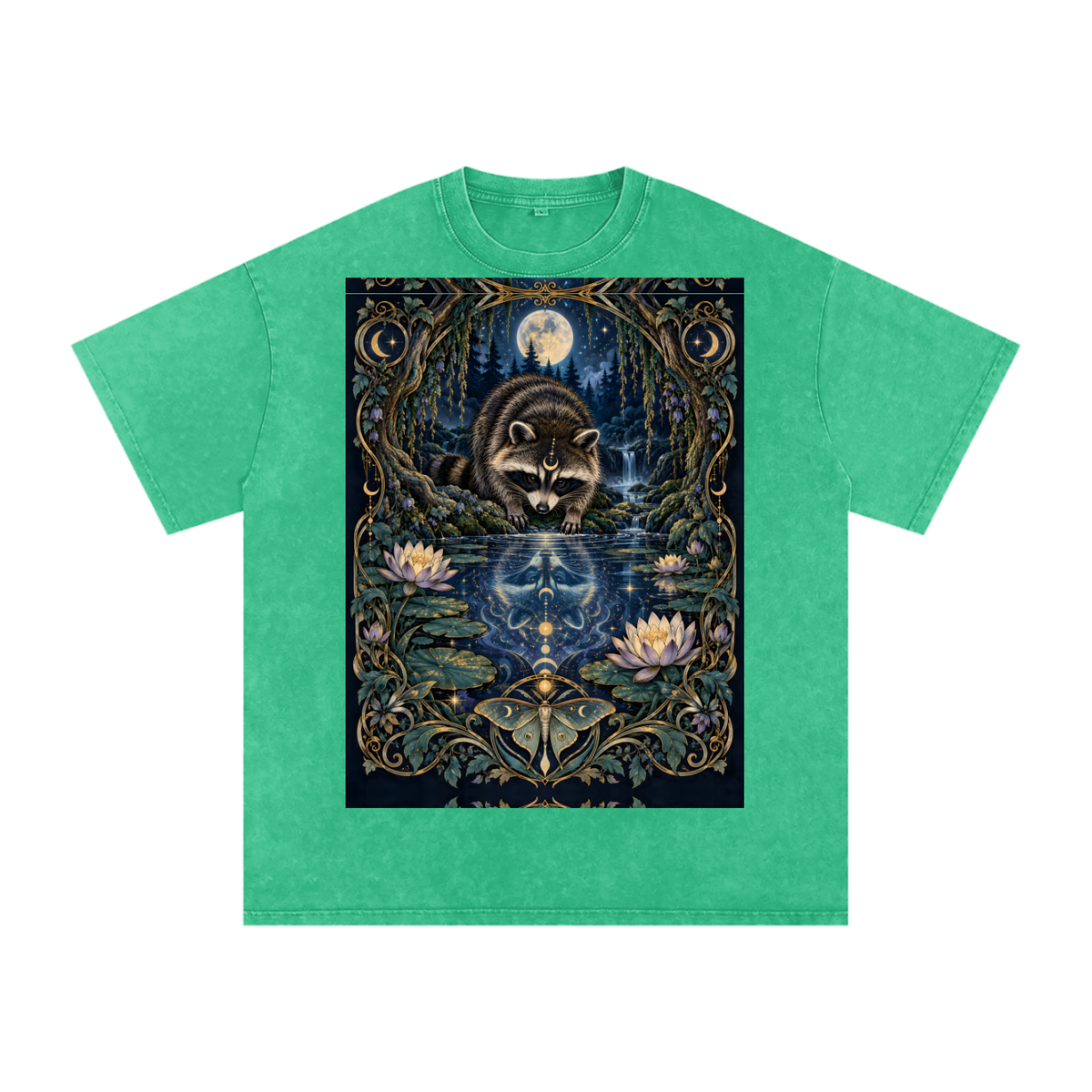 Raccoon Night Woods Lotus Reflection Fall Snow Washed Oversized Cotton T-Shirt