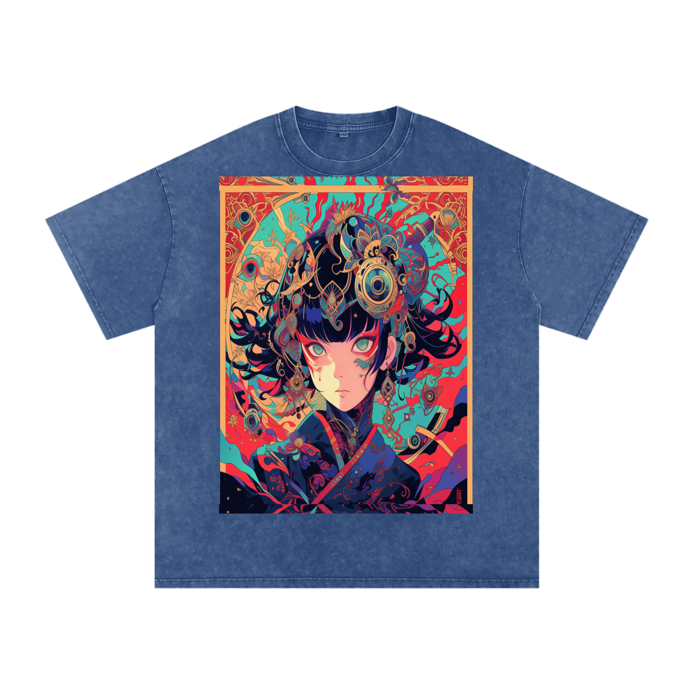 Red Fractal Kimono Anime Avant Lady hot colors Teal Moon Unisex Bordered fractal Tee| Bella Canvas Unisex Tee | Graphic Tee Print Snow Washed Oversized Cotton T-Shirt