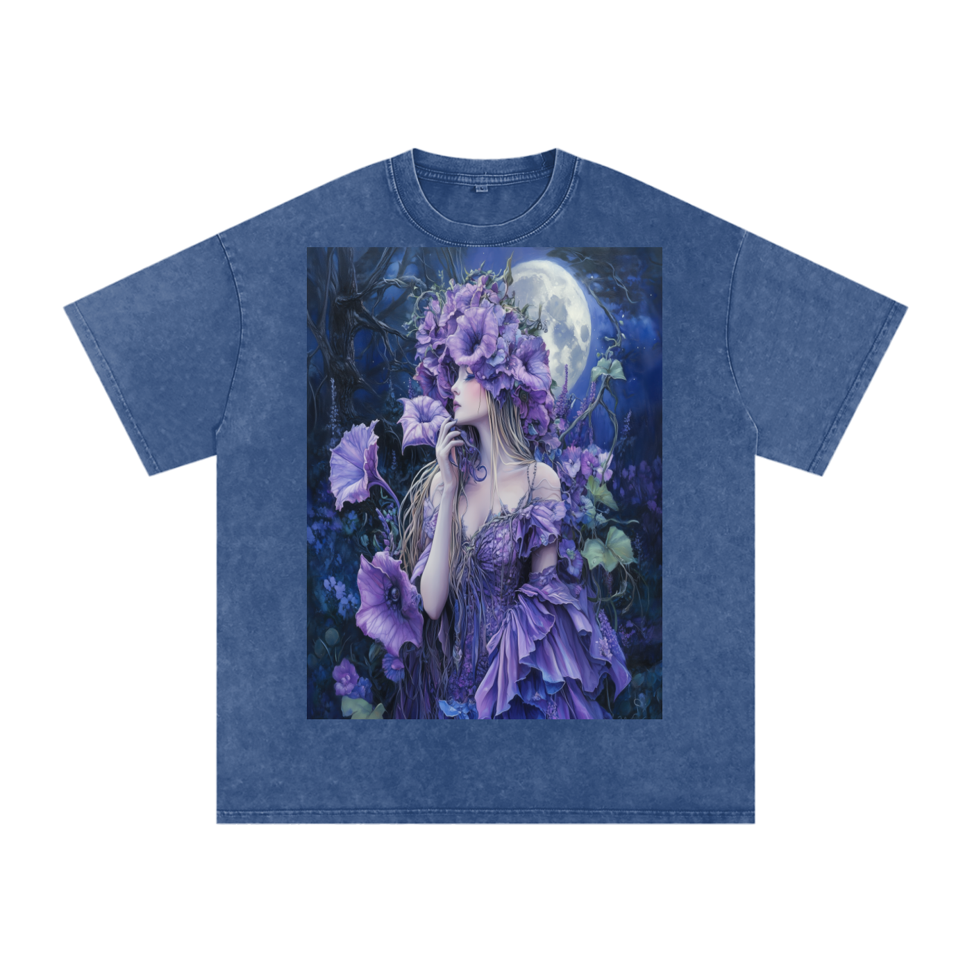 Lavender Datura Moon lit Trumpet Flower Fairy Snow Washed Oversized Cotton T-Shirt
