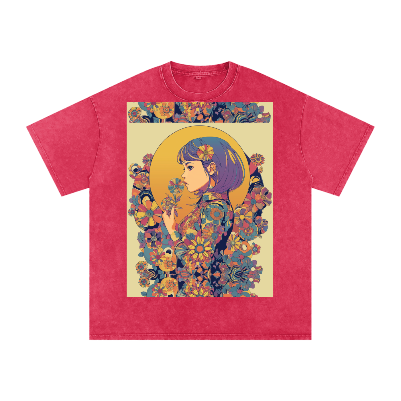 Retro Moon Boho Flapper Nouveau floral flower Maiden Snow Washed Oversized Cotton T-Shirt