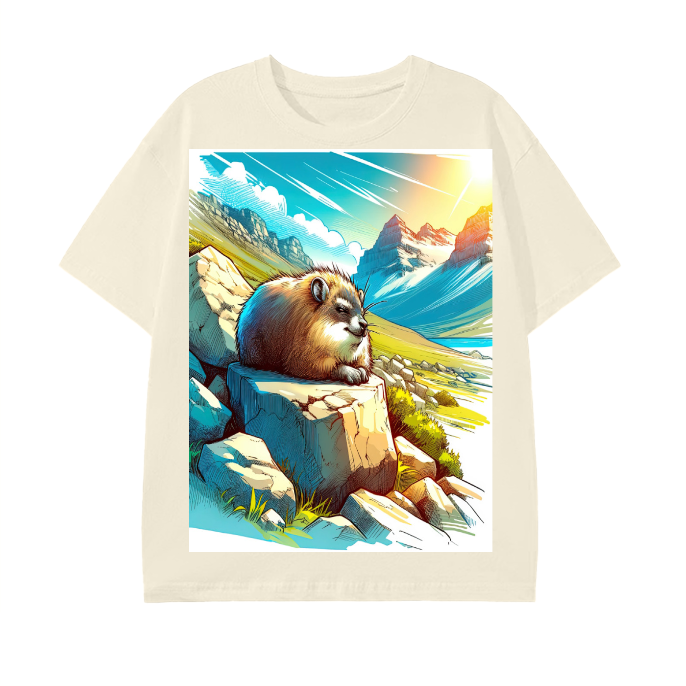 Anime Hyrax Blue skies basking on Rocks in field Pure Cotton Festival Rave Unisex T-Shirt