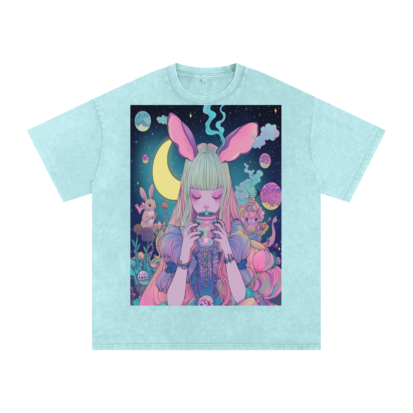 Tea Time Boba UV Pastel Alice SipTee by Moonlight Snow Washed Oversized Cotton T-Shirt