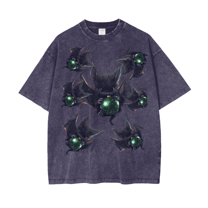 Glitter Chibi Anime Reflective Bat Swarm Green Christmas Ball Ornament Acid Wash Oversize T-Shirt - 250 GSM