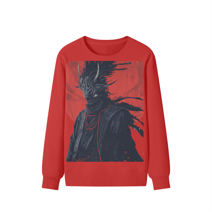 Rustic Crow Horned Samurai Night Sage Red Moon Streetwear Pullover Classic Sweater - 300 GSM