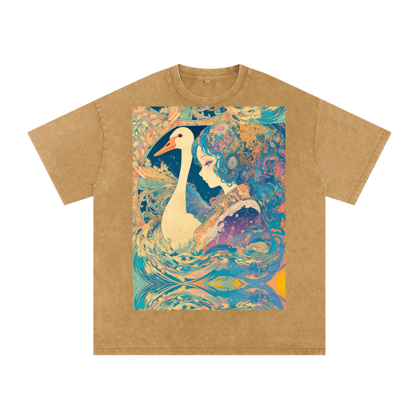 Goose Psychedelic Art Nouveau Moon Beach Wave Bordered Silhouette Anime Pagan Water Goddess Unisex T-Shirt--Snow Washed Oversized Cotton T-Shirt