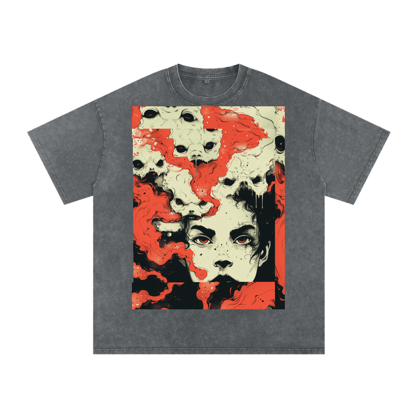 Ink Smoke Head Kibuki Skull Face Sepia Unisex Tee Snow Washed Oversized Cotton T-Shirt