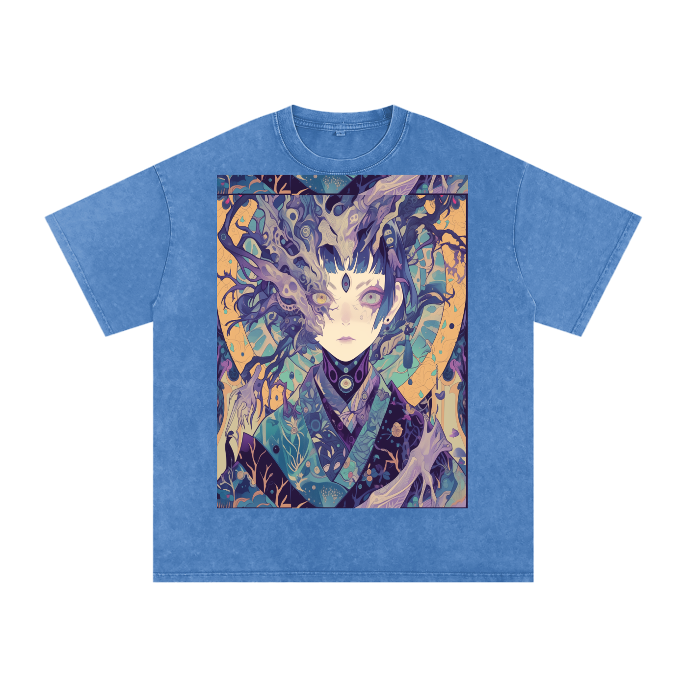 Ice Avant Kimono Anime Phantom Goddess Anime Blue Purple Pastel Grunge Rave Festival Snow Washed Oversized Cotton T-Shirt