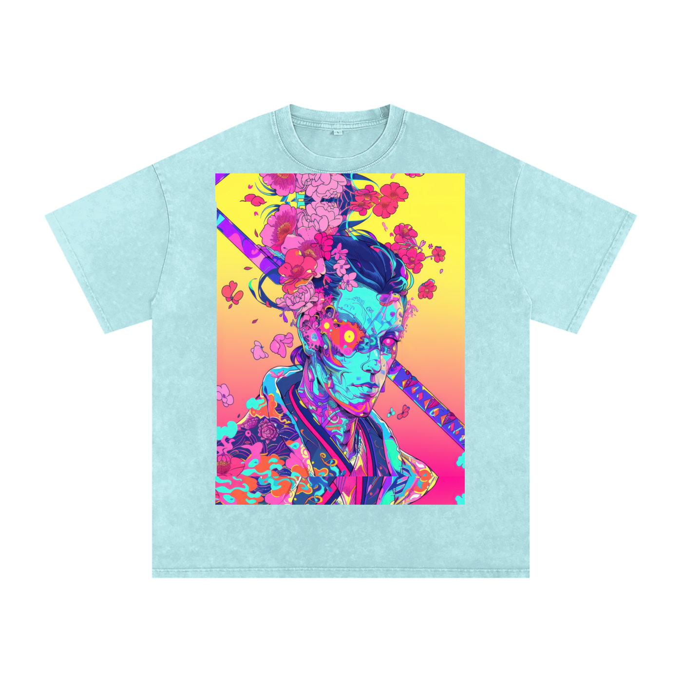 Avant Ombre Floral Samurai Cherry Blossoms Unisex Tee Snow Washed Oversized Cotton T-Shirt