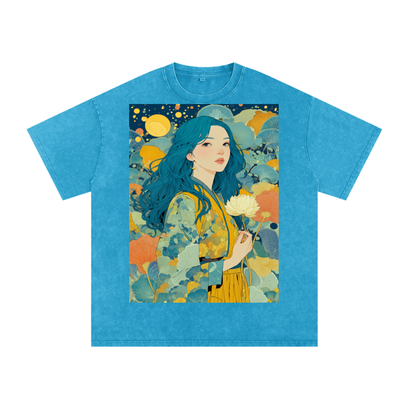 Teal Full Moon Lotus Goddess Psychedelic Art Nouveau Snow Washed Oversized Cotton T-Shirt