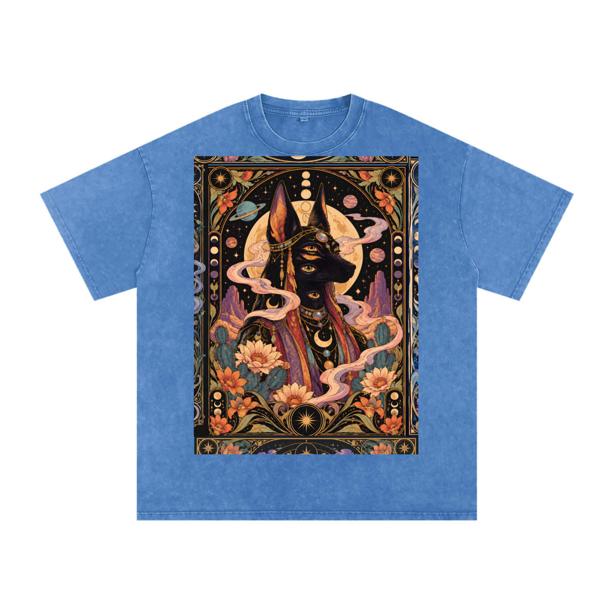 Anubis Egyptian Lotus Moon Tarot Grunge Psy Festival Snow Washed Oversized Cotton T-Shirt Tee