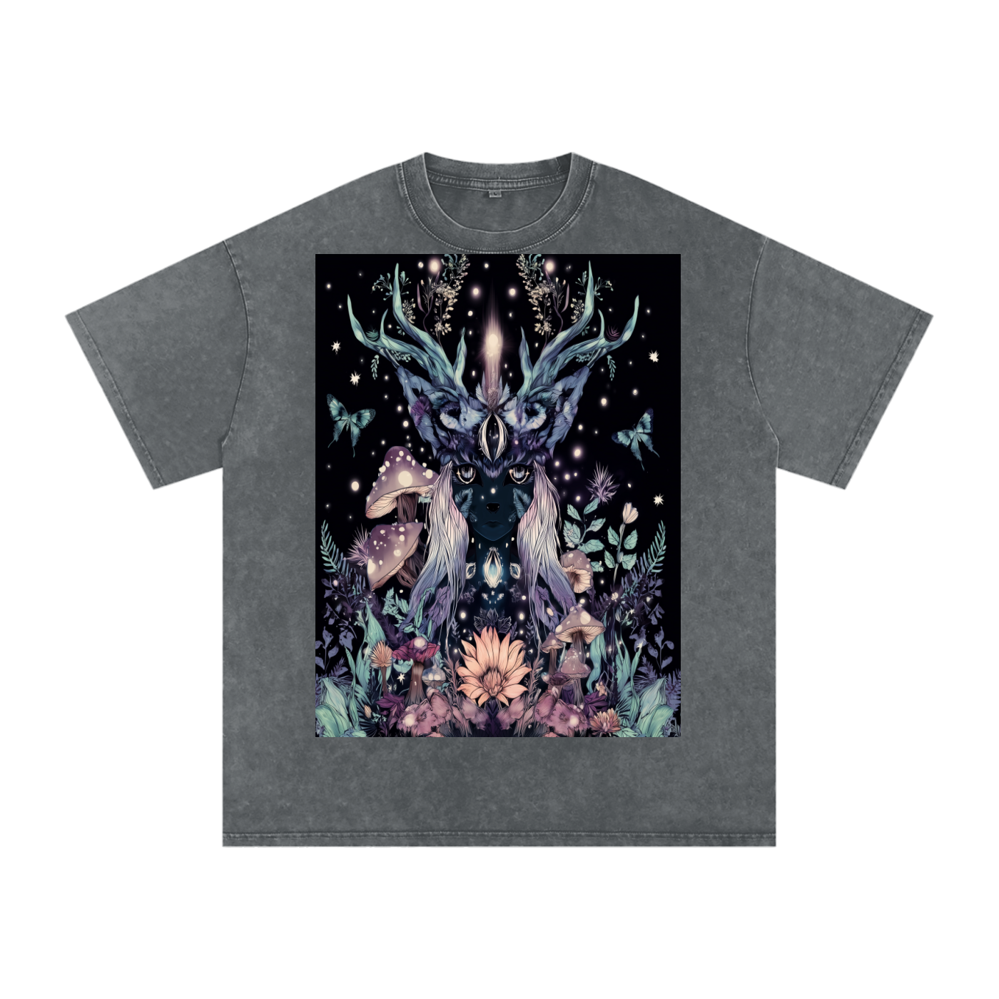 Winter Solstice Dark Mushroom Night Fawn Dark Fairy  Festival Snow Washed Oversized Cotton T-Shirt