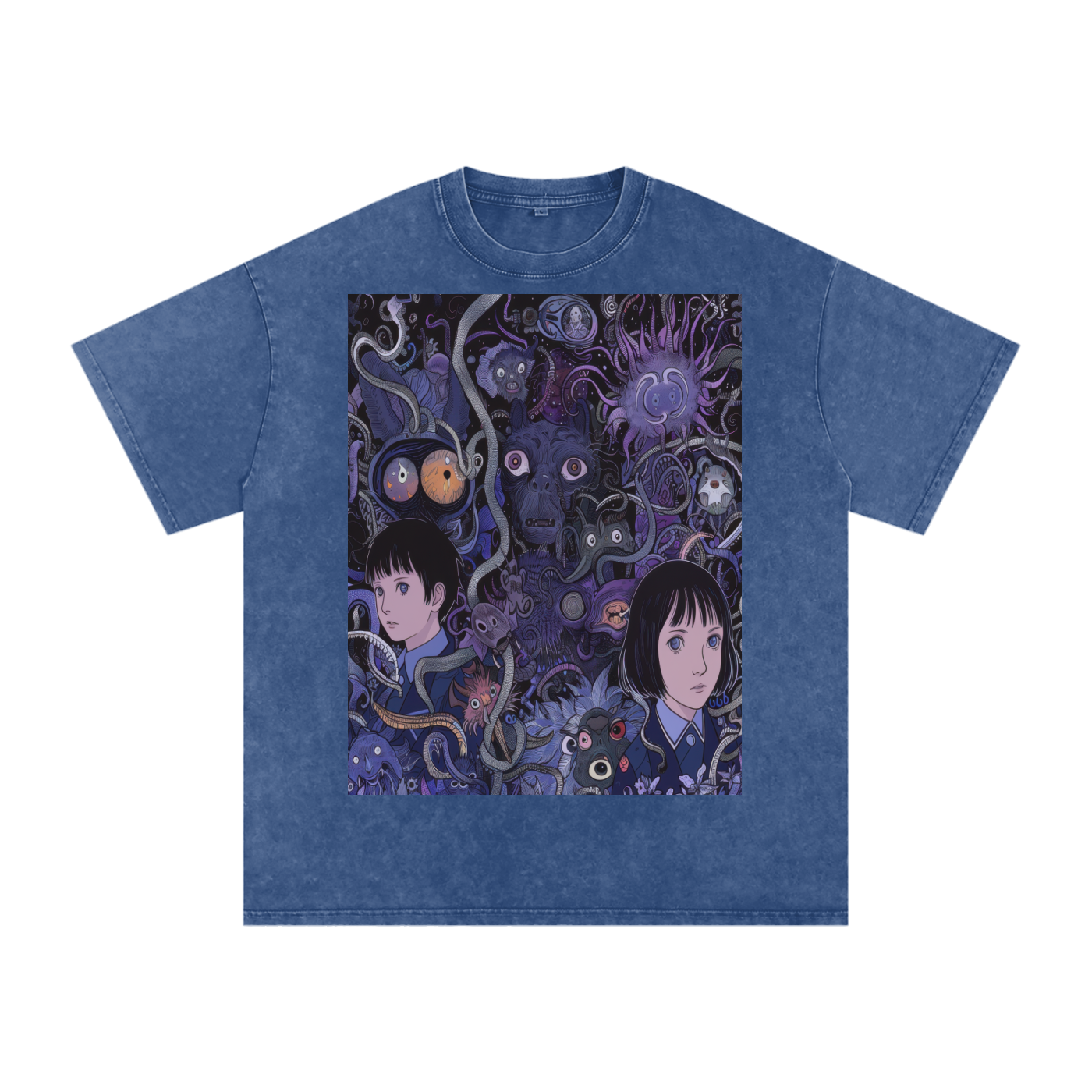 Purple Horror Anime Vine Creature Scene Unisex Tee Snow Washed Oversized Cotton T-Shirt
