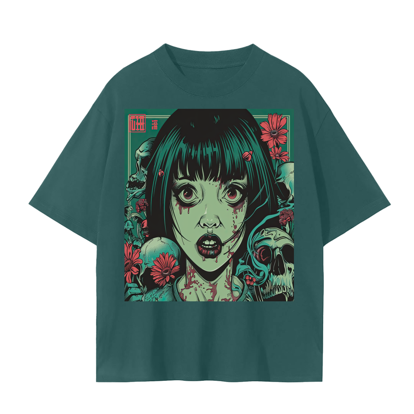 Brutalism Green Face Anime Skull Girl Tattoo Red Floral Unisex Tee Unisex Seamless T-Shirt