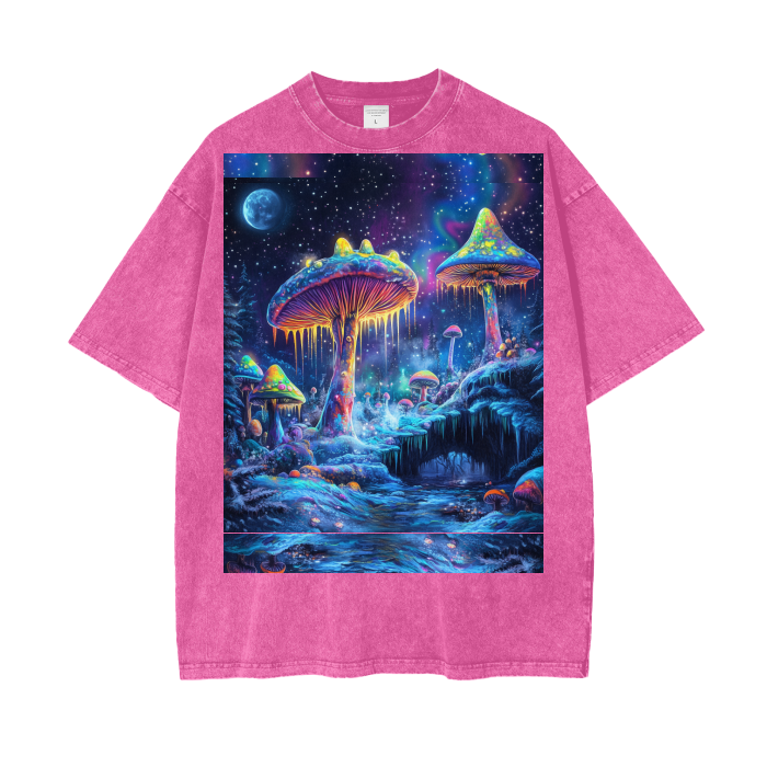 Psychedelic Winter Moonlight Muscaria Ice Space Galaxies Festival Psy Acid Wash Oversize T-Shirt - 250 GSM
