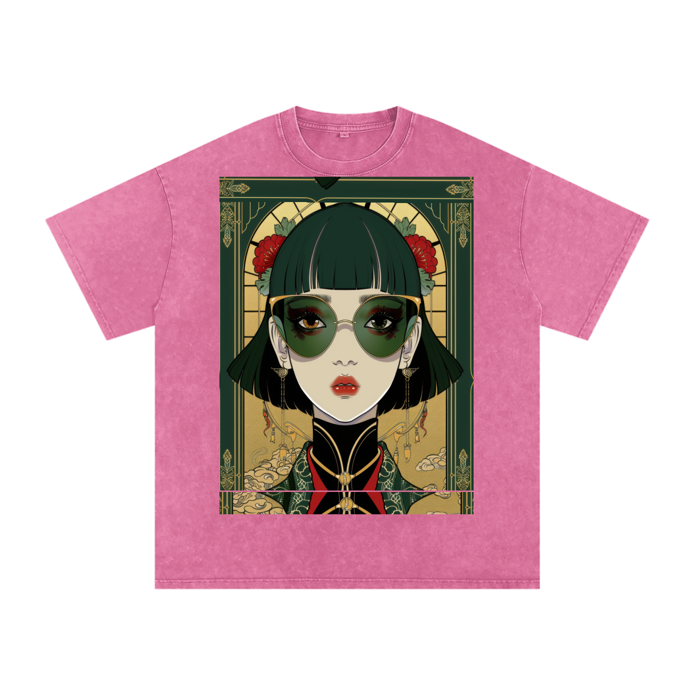 Green Steam Punk Avant Anime lady Unisex Tee Snow Washed Oversized Cotton T-Shirt