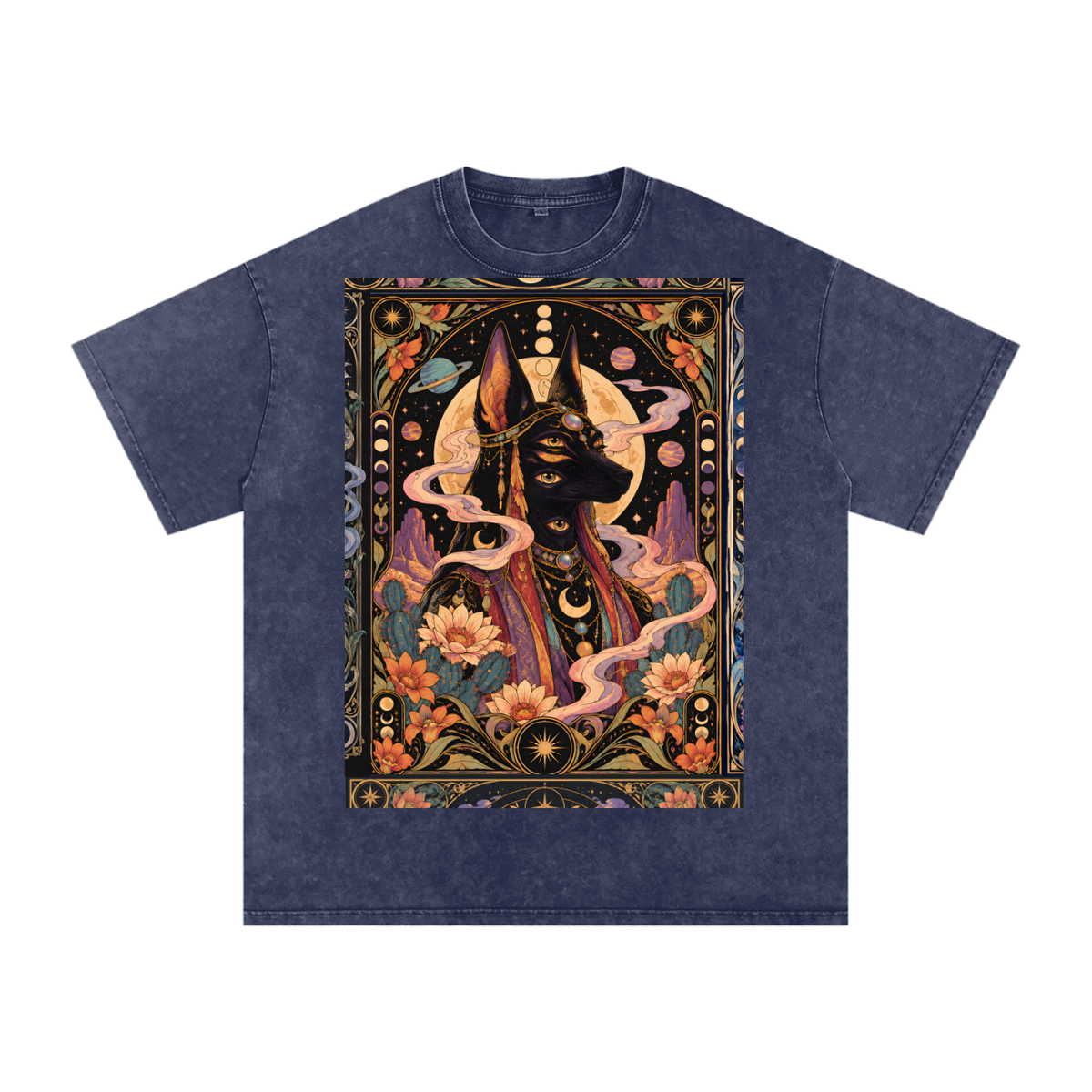 Anubis Egyptian Lotus Moon Tarot Grunge Psy Festival Snow Washed Oversized Cotton T-Shirt Tee