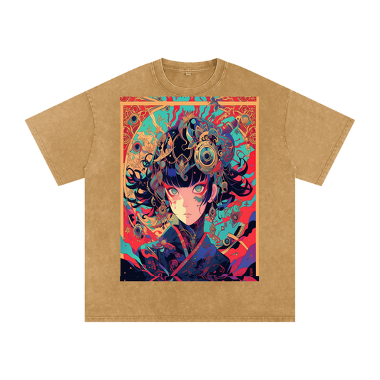 Red Fractal Kimono Anime Avant Lady hot colors Teal Moon Unisex Bordered fractal Tee| Bella Canvas Unisex Tee | Graphic Tee Print Snow Washed Oversized Cotton T-Shirt