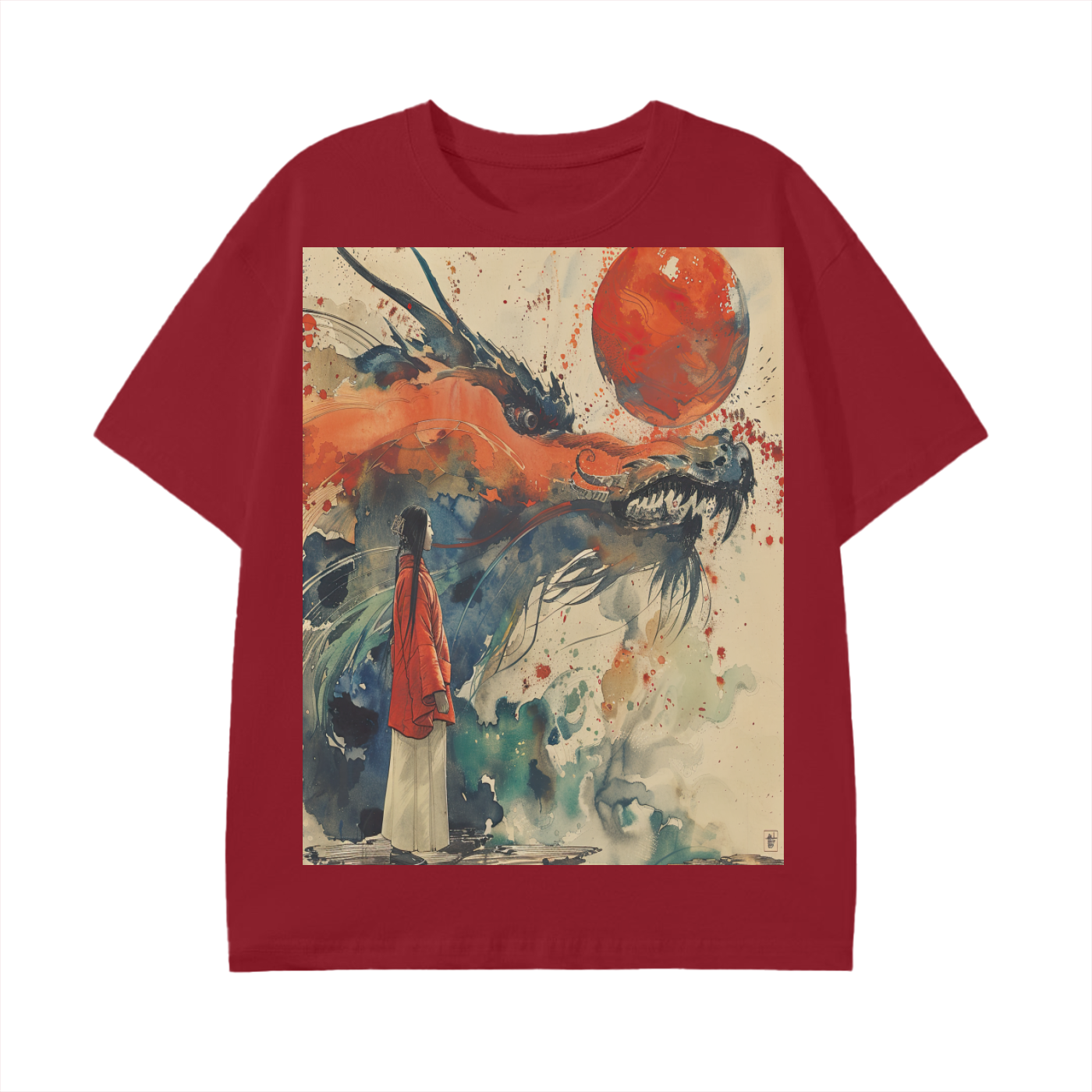 Watercolor Silhouette Kimono Dragon lady Splatter Sepia Red Blood Moon Anime Graphic Print Unisex Classic T-Shirt