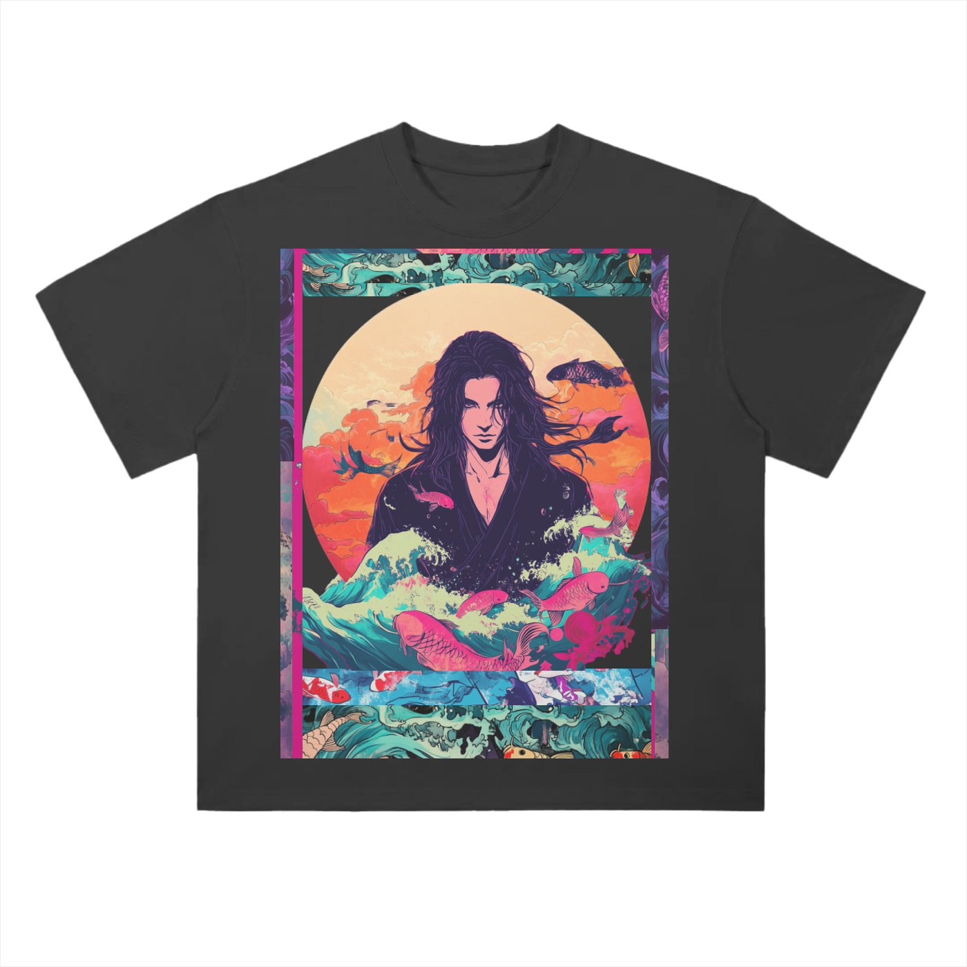 Retro Beach Koi Edo Shaman Kibuki Man Beach Wave Sun Melt Skyline Vision Graphic Drop Shoulder T-Shirt