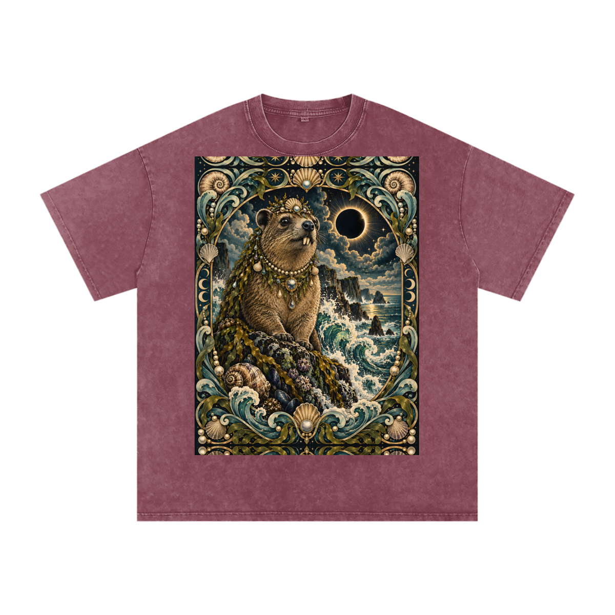 Sea Waves Hyrax Eclipse Moon Night Hyrax Royal Noble Steed Grunge Tooth Snow Washed Oversized Cotton T-Shirt