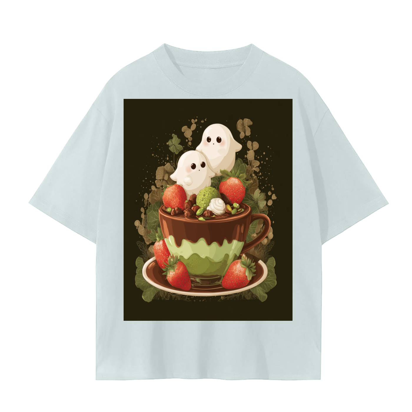 Anime Dubai Chocolate PIstachio Strawberry Cup of Chibi Ghost Kawaii Desert Latte Unisex Seamless T-Shirt