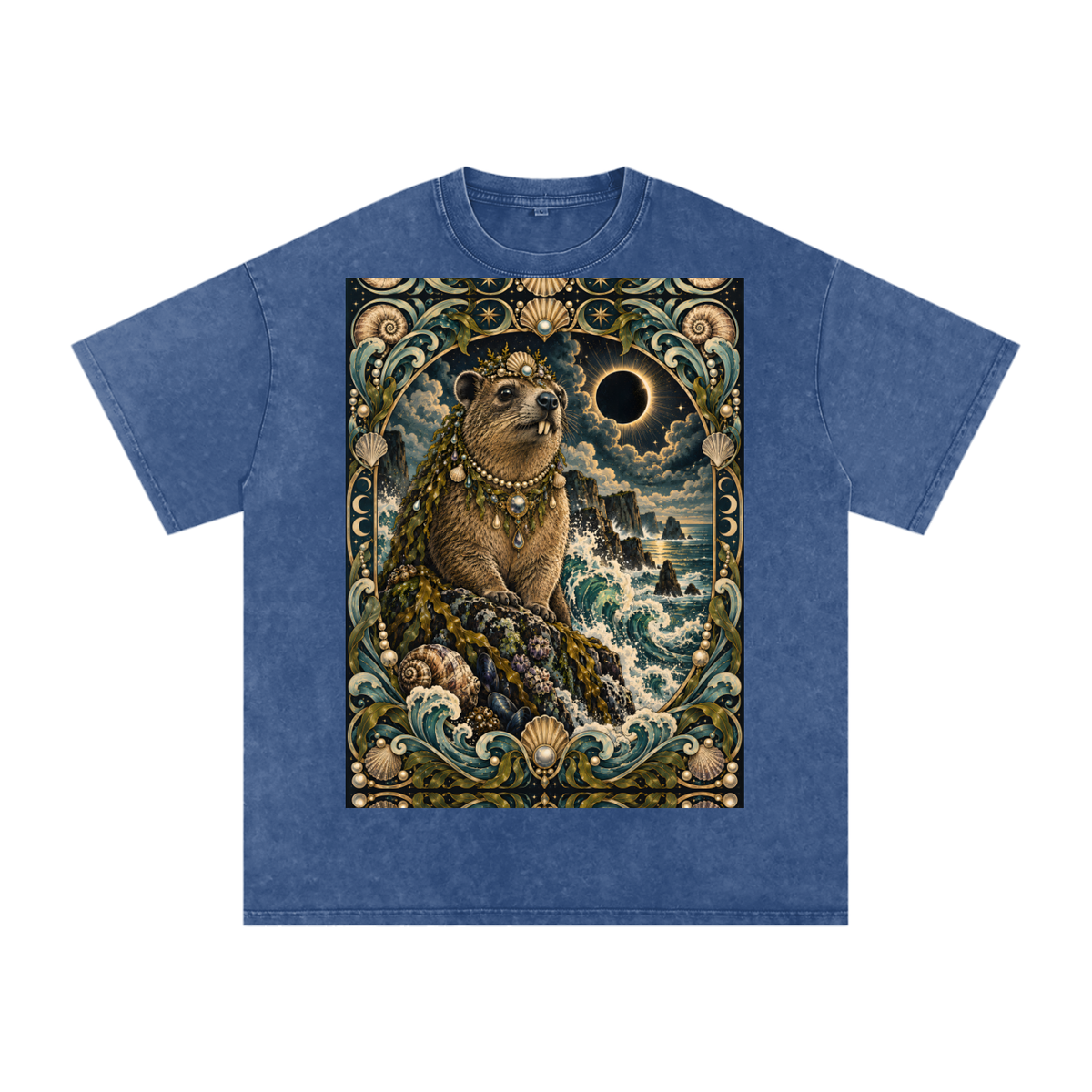 Sea Waves Hyrax Eclipse Moon Night Hyrax Royal Noble Steed Grunge Tooth Snow Washed Oversized Cotton T-Shirt