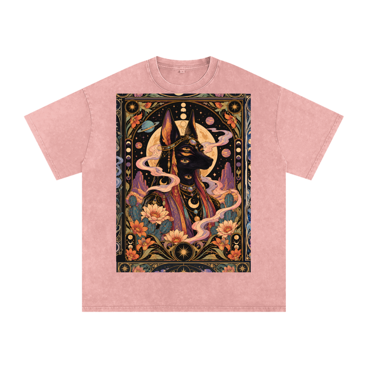 Anubis Egyptian Lotus Moon Tarot Grunge Psy Festival Snow Washed Oversized Cotton T-Shirt Tee