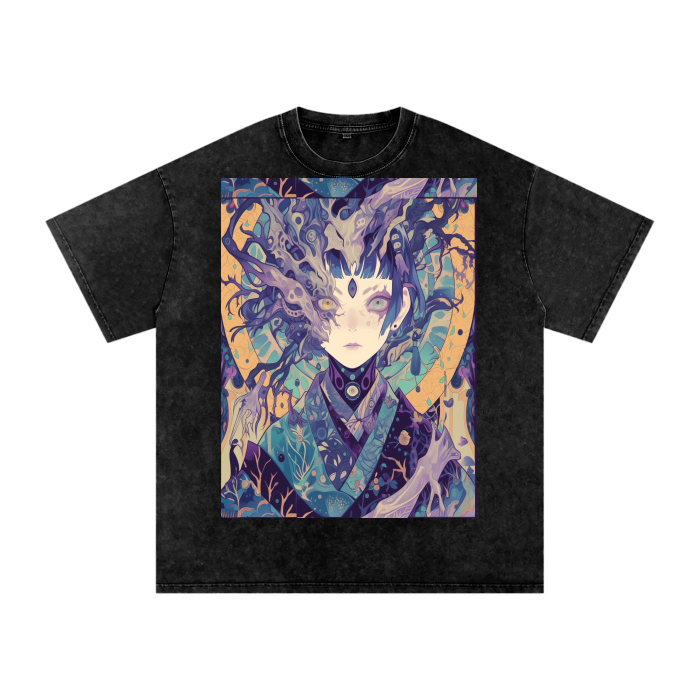 Ice Avant Kimono Anime Phantom Goddess Anime Blue Purple Pastel Grunge Rave Festival Snow Washed Oversized Cotton T-Shirt