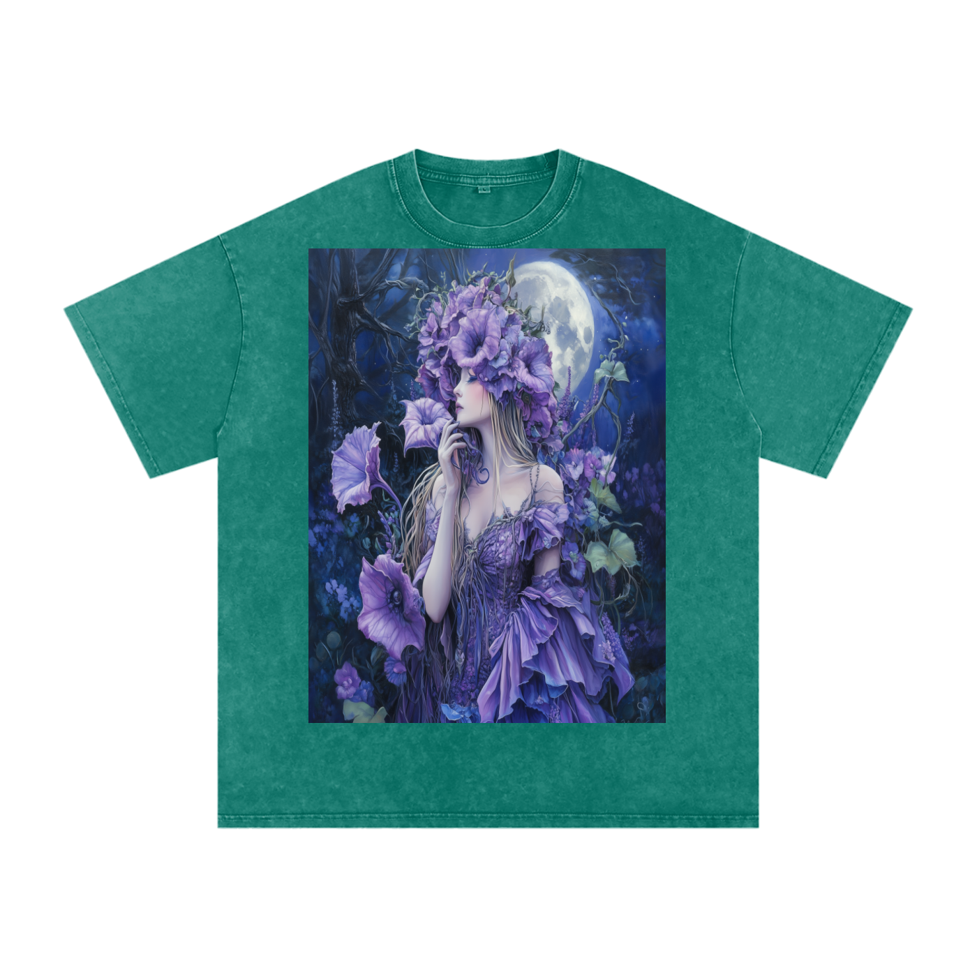 Lavender Datura Moon lit Trumpet Flower Fairy Snow Washed Oversized Cotton T-Shirt