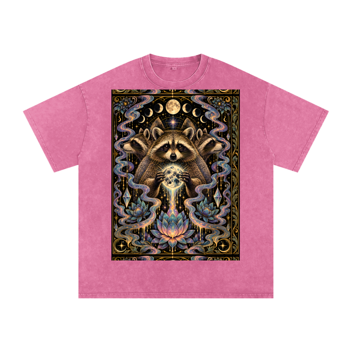 Raccoon Rorshach Moon Lotus Drip Snow Washed Oversized Cotton T-Shirt