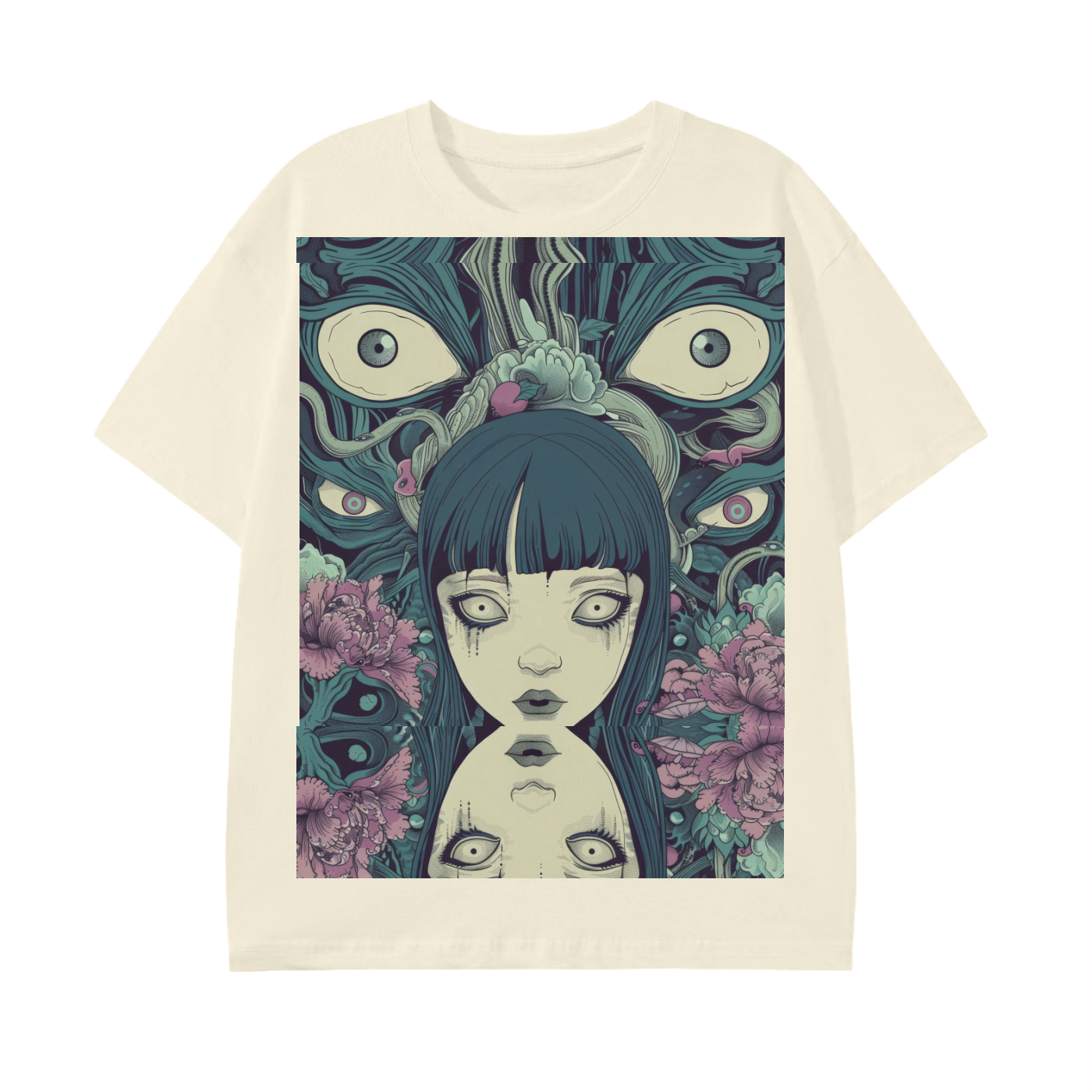 Octo eye Blue Yokai Horror Girl Double Vision Reflective Psychedelic Unisex Graphic Rave Classic T-Shirt -