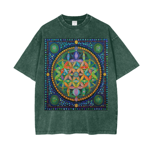 Lime Dotted Snow Flurrie Festival Flower of Life Chakra Mandala Burst Bordered Psychedelic Acid Wash Oversize T-Shirt - 250 GSML