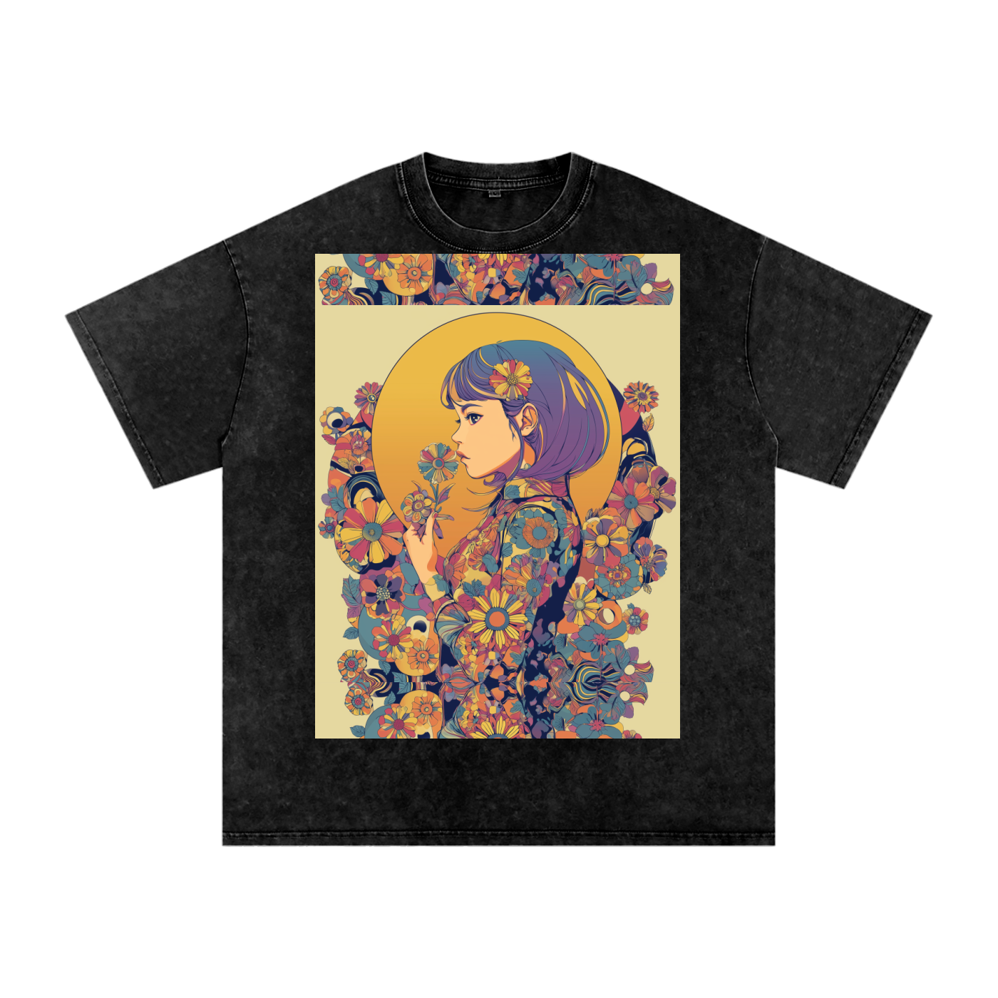 Retro Moon Boho Flapper Nouveau floral flower Maiden Snow Washed Oversized Cotton T-Shirt