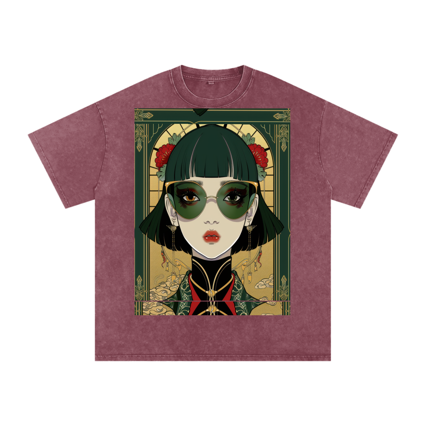 Green Steam Punk Avant Anime lady Unisex Tee Snow Washed Oversized Cotton T-Shirt