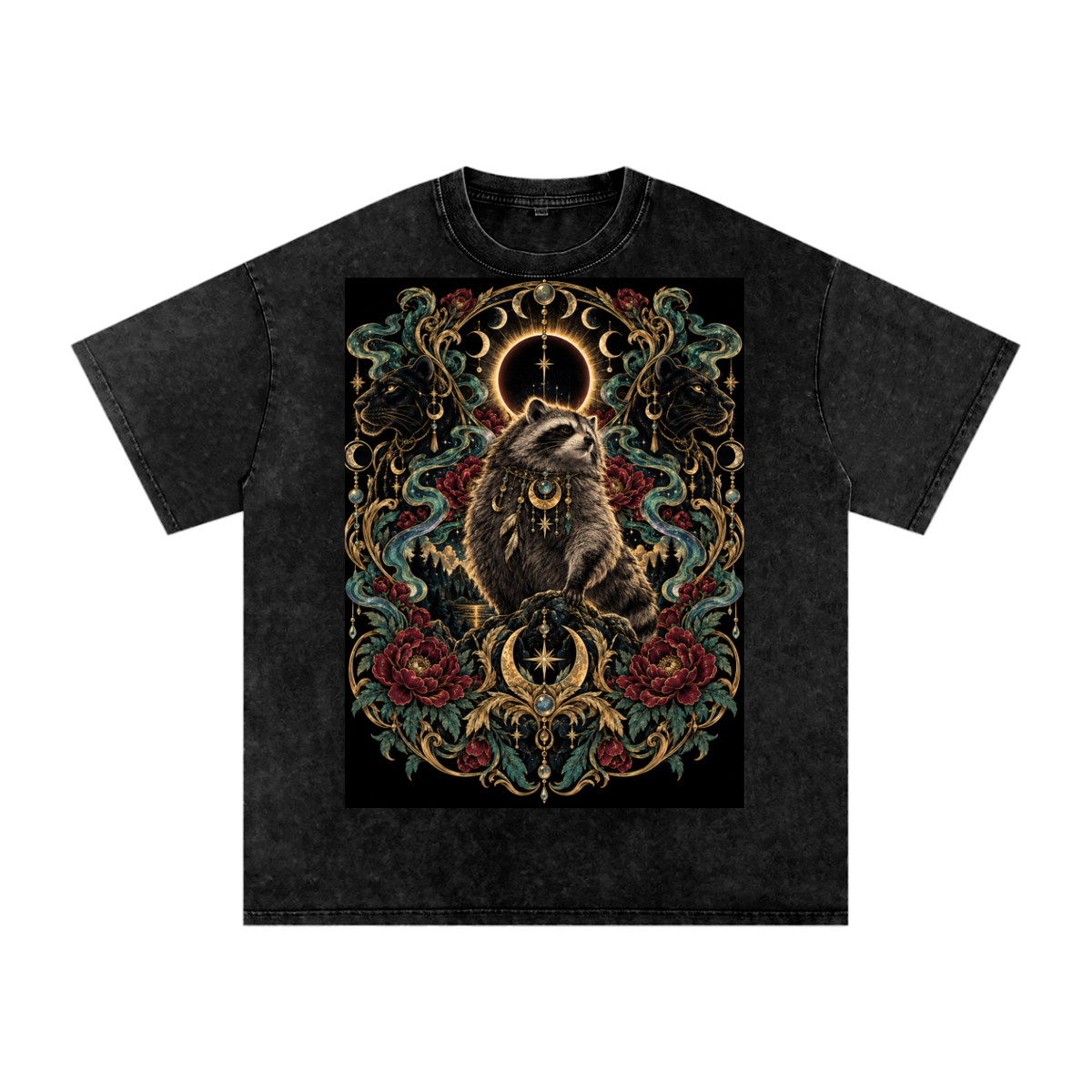Racoon Crescent Panther Moonlight Grunge Washed Oversized Cotton T-Shirt