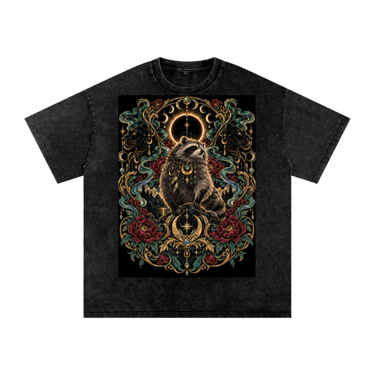 Racoon Crescent Panther Moonlight Grunge Washed Oversized Cotton T-Shirt