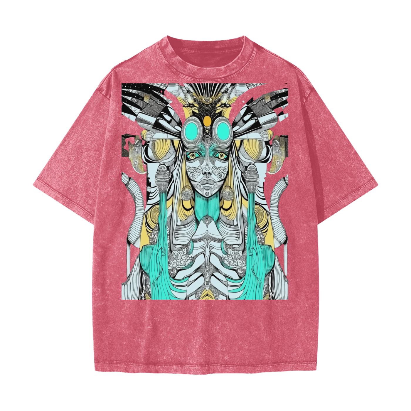 Alien Aztec Atlantean Tribal Vision Psychedelic Rave Streetwear American Vintage Waxed Dyed Washed  Heavyweight 100% Cotton T-Shirt