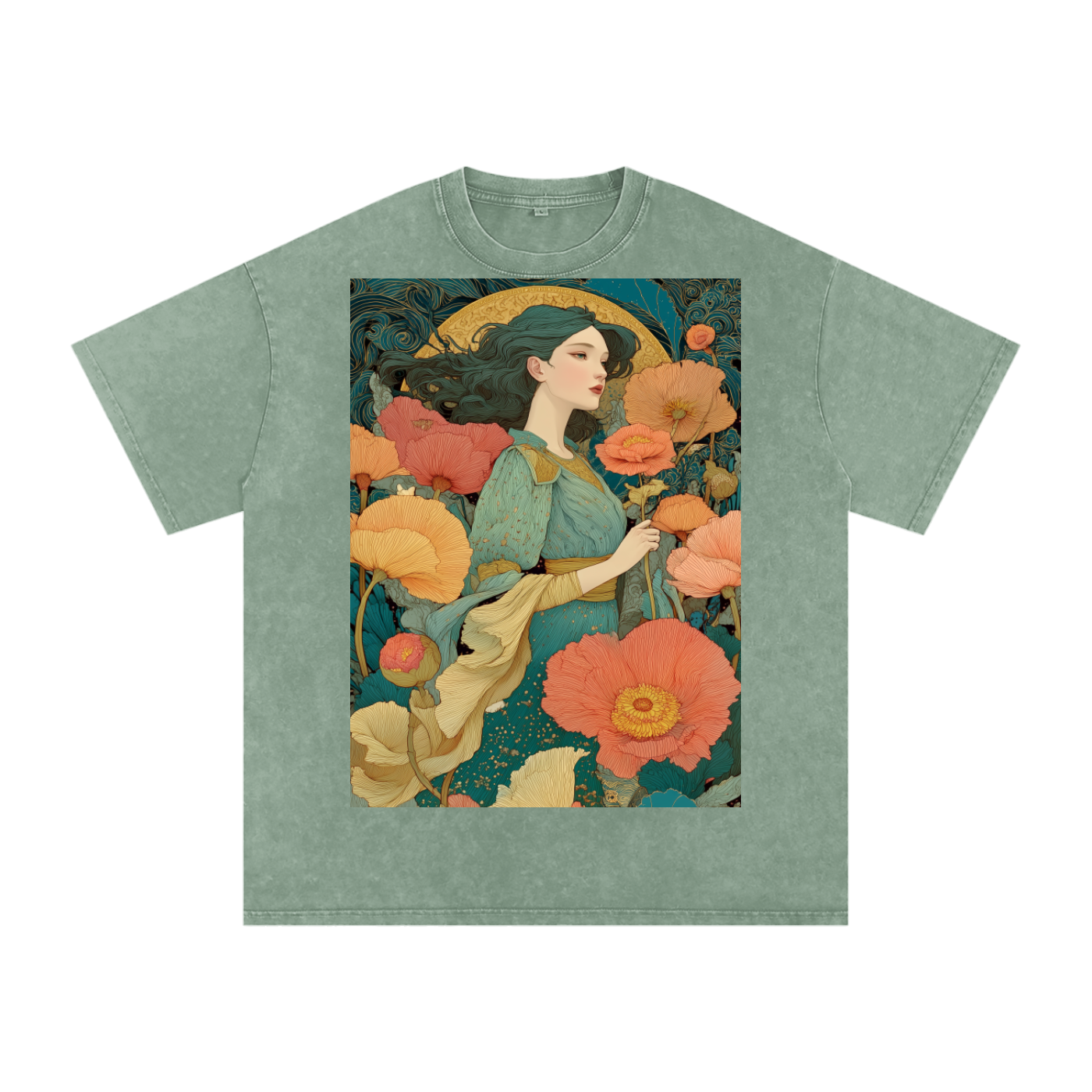 Teal Floral Nouveau Moon Field maiden Snow Washed Oversized Cotton T-Shirt