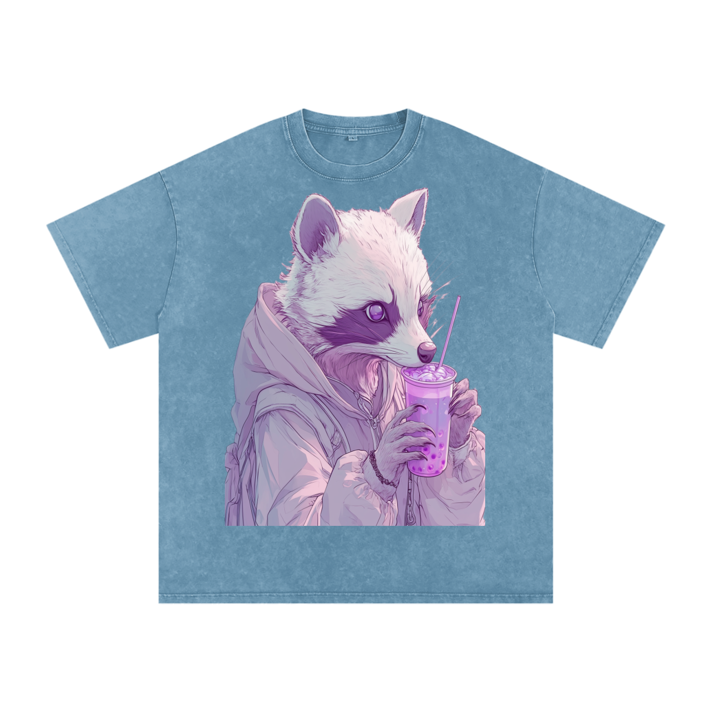 Pastel Pink Lavender Racoon Rainy Day Grunge Punk Anime Boba Tea Boyfriend fit Acid Wash Oversize T-Shirt - Cotton  Acid Wash Oversize T-Shirt - 250 GSM