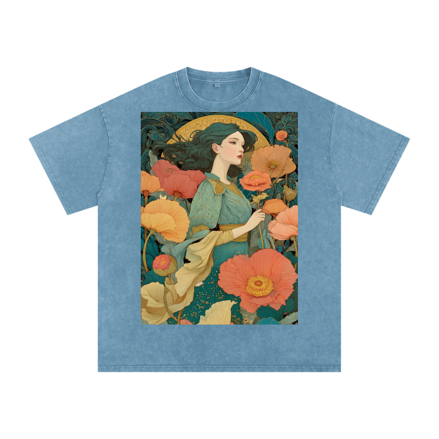 Teal Floral Nouveau Moon Field maiden Snow Washed Oversized Cotton T-Shirt